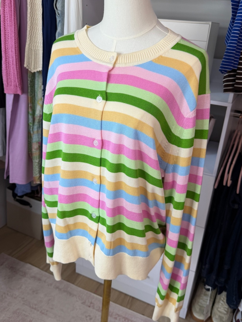 Free Assembly Pastel Multi-Stripe Crewneck Button Cardigan - Green/Pink/Blue